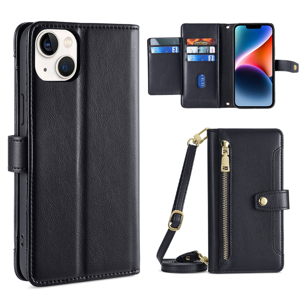 For iPhone 14 Zipper Pocket Shockproof PU Leather Stand Case Card Slots Flip Phone Cover with Wrist Strap and Shoulder Strap