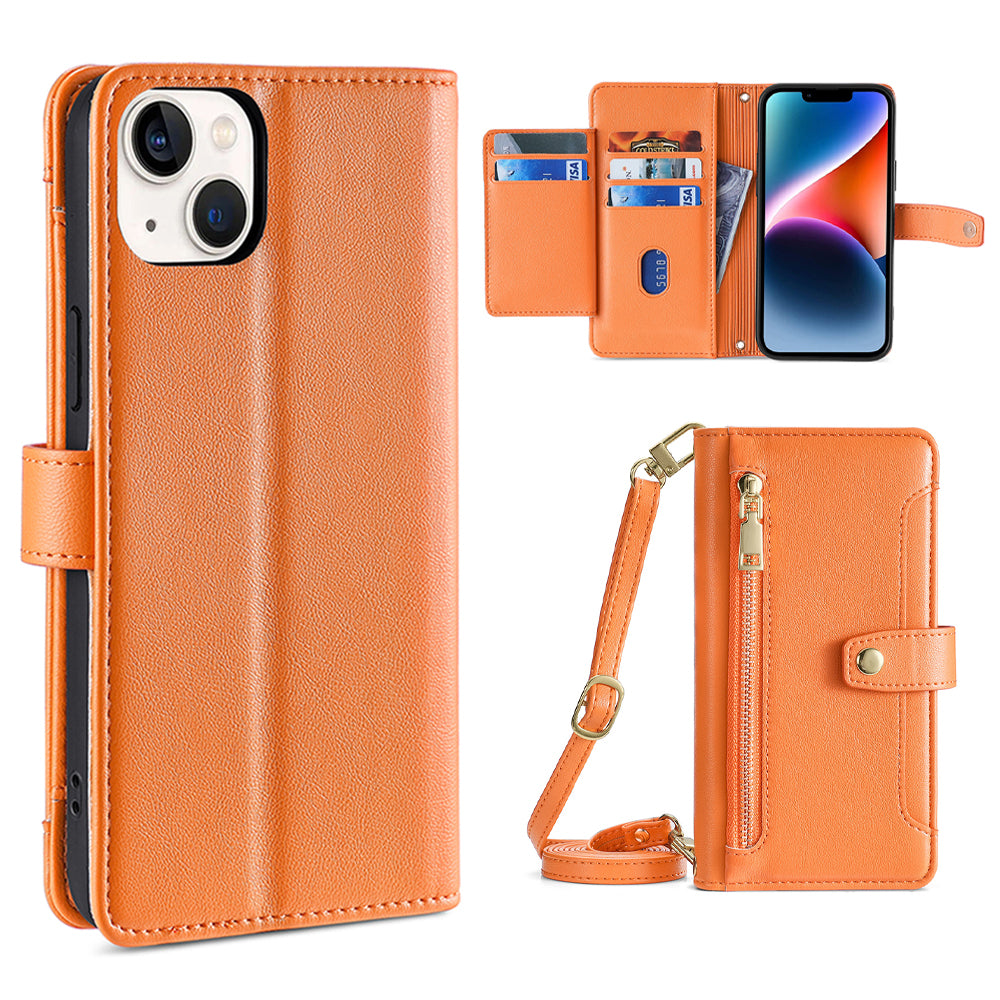 For iPhone 14 Zipper Pocket Shockproof PU Leather Stand Case Card Slots Flip Phone Cover with Wrist Strap and Shoulder Strap