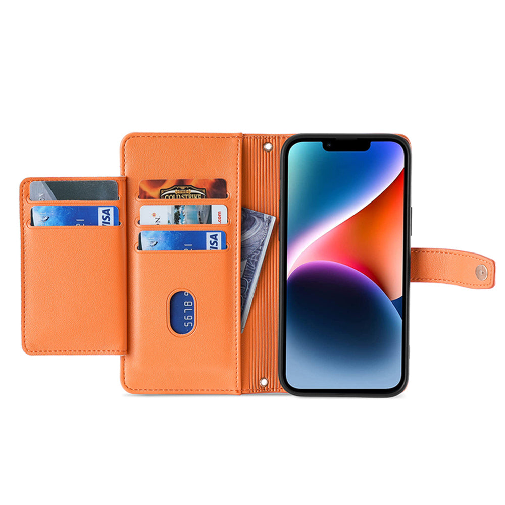 For iPhone 14 Zipper Pocket Shockproof PU Leather Stand Case Card Slots Flip Phone Cover with Wrist Strap and Shoulder Strap