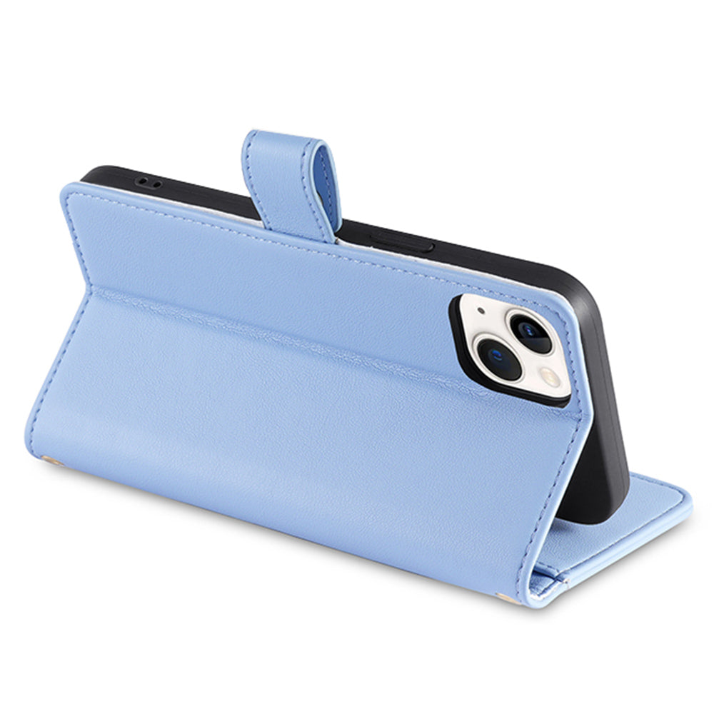 For iPhone 14 Zipper Pocket Shockproof PU Leather Stand Case Card Slots Flip Phone Cover with Wrist Strap and Shoulder Strap