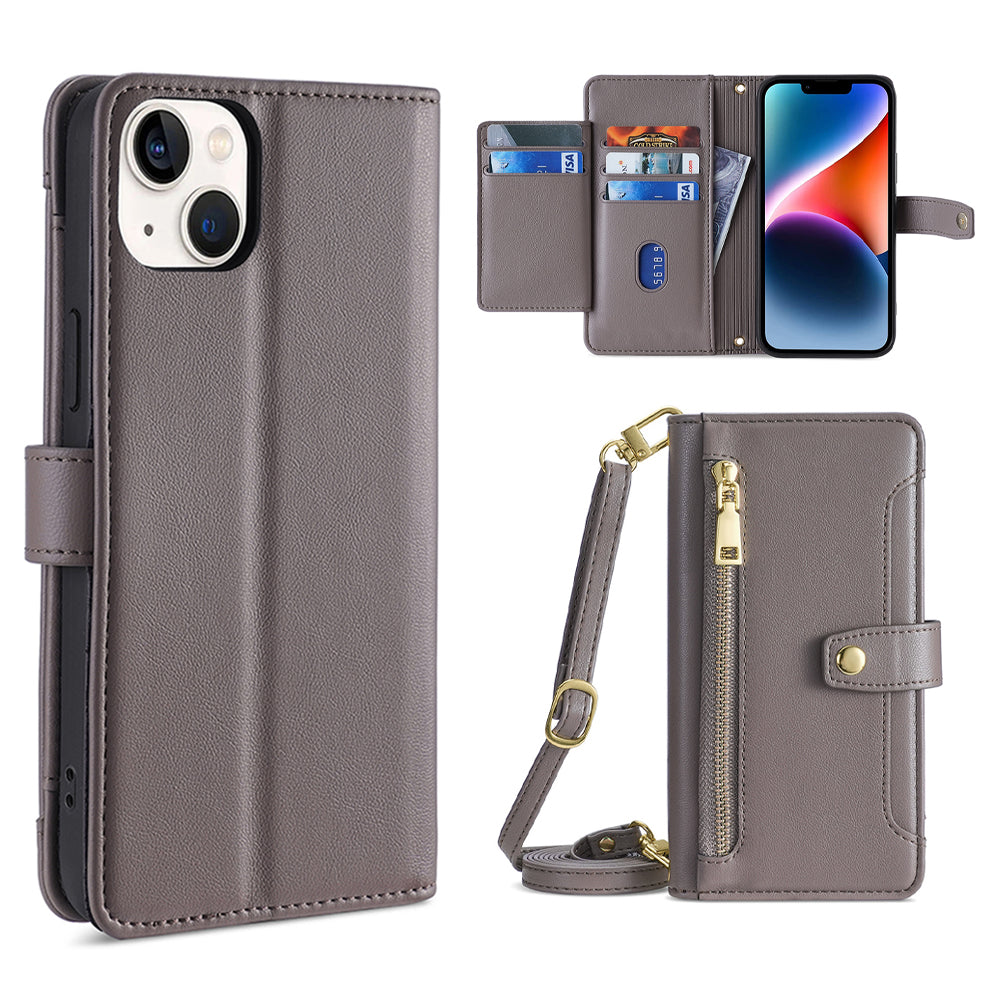 For iPhone 14 Zipper Pocket Shockproof PU Leather Stand Case Card Slots Flip Phone Cover with Wrist Strap and Shoulder Strap