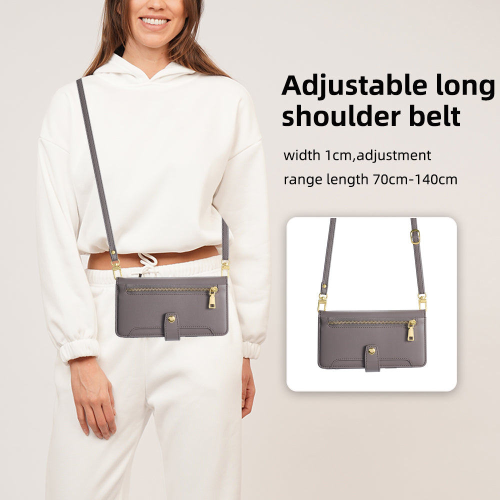 For iPhone 14 Zipper Pocket Shockproof PU Leather Stand Case Card Slots Flip Phone Cover with Wrist Strap and Shoulder Strap