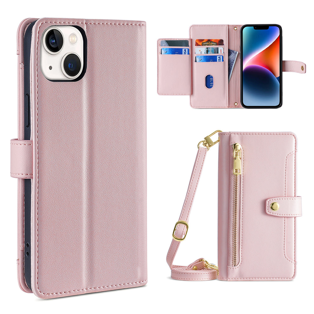 For iPhone 14 Zipper Pocket Shockproof PU Leather Stand Case Card Slots Flip Phone Cover with Wrist Strap and Shoulder Strap
