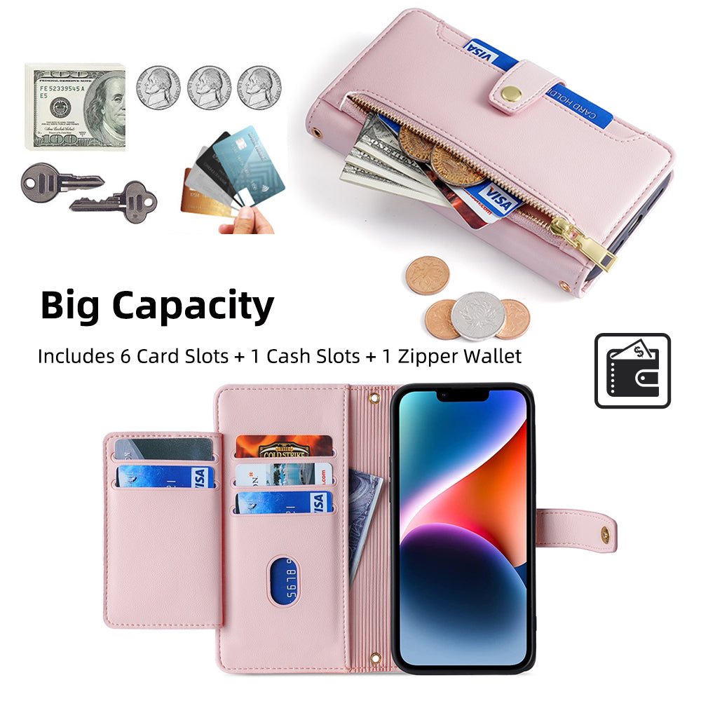 For iPhone 14 Zipper Pocket Shockproof PU Leather Stand Case Card Slots Flip Phone Cover with Wrist Strap and Shoulder Strap
