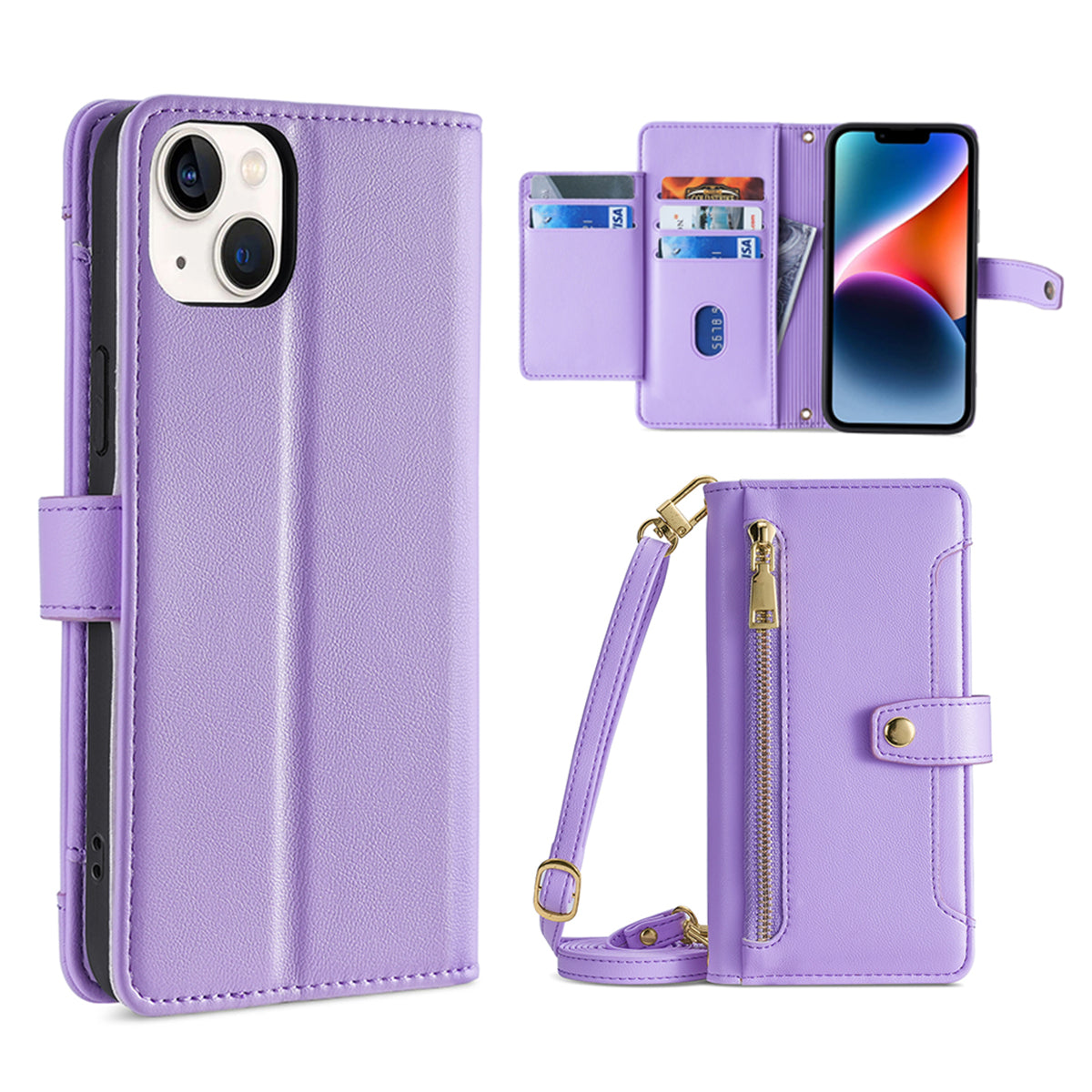 For iPhone 14 Zipper Pocket Shockproof PU Leather Stand Case Card Slots Flip Phone Cover with Wrist Strap and Shoulder Strap