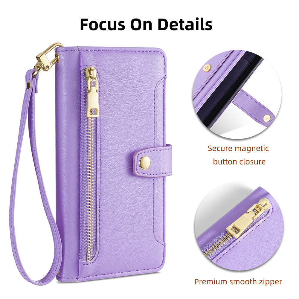 For iPhone 14 Zipper Pocket Shockproof PU Leather Stand Case Card Slots Flip Phone Cover with Wrist Strap and Shoulder Strap
