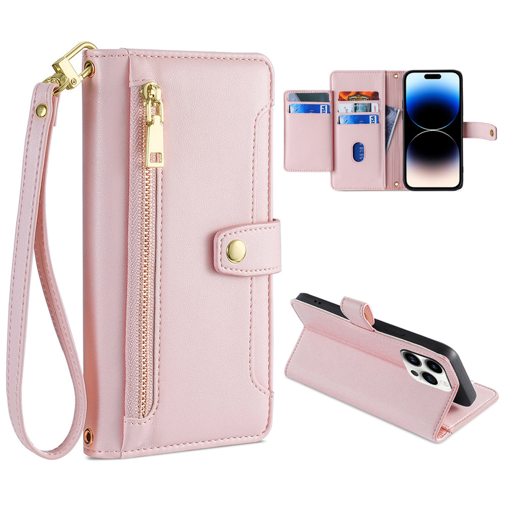 For iPhone 14 Pro Textured PU Leather Multiple Card Slots Stand Cover Zipper Pocket Flip Wallet Phone Case with Wrist Strap and Shoulder Strap