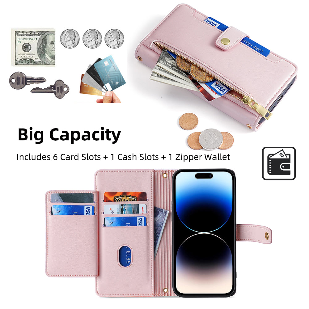 For iPhone 14 Pro Textured PU Leather Multiple Card Slots Stand Cover Zipper Pocket Flip Wallet Phone Case with Wrist Strap and Shoulder Strap