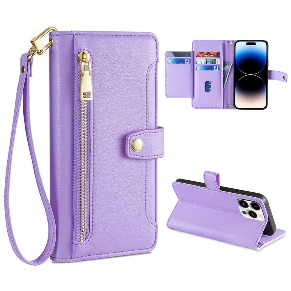 For iPhone 14 Pro Textured PU Leather Multiple Card Slots Stand Cover Zipper Pocket Flip Wallet Phone Case with Wrist Strap and Shoulder Strap