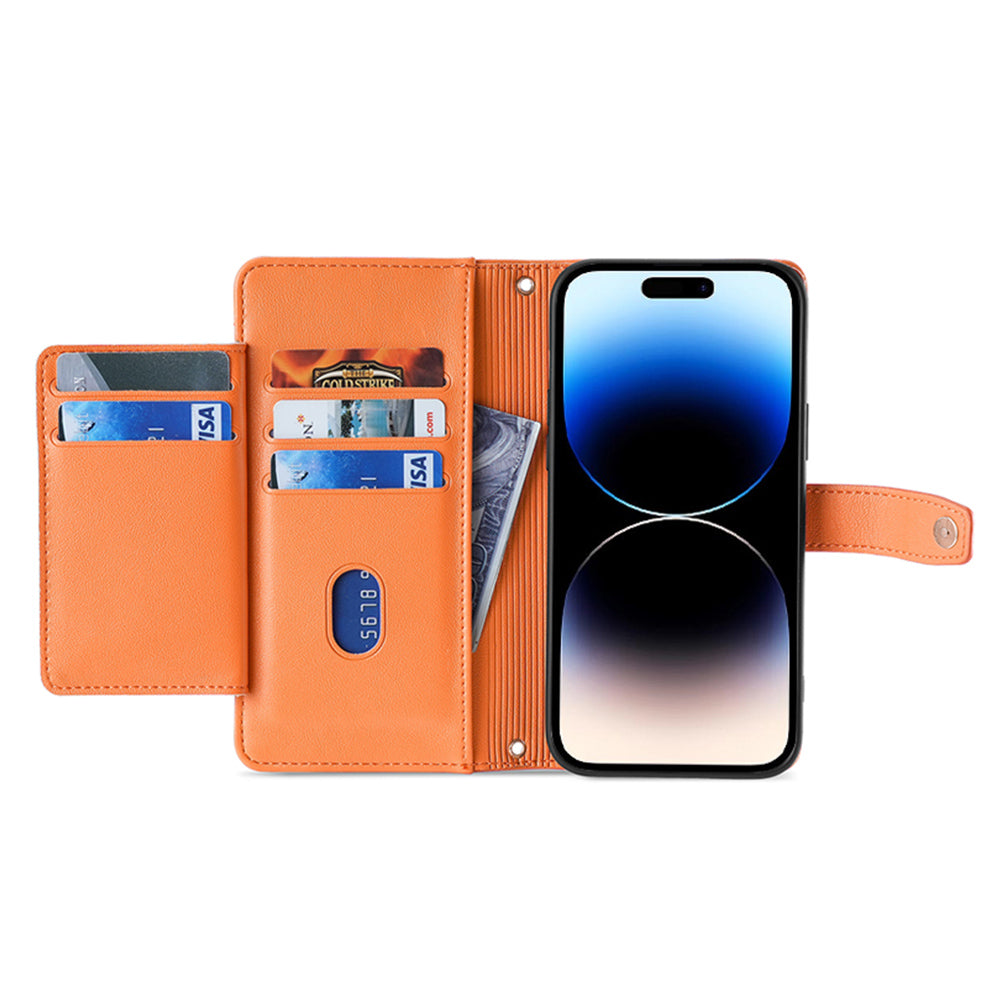 For iPhone 14 Pro Max Textured PU Leather Zipper Pocket Stand Phone Case Multiple Card Slots Wallet Flip Cover with Wrist Strap and Shoulder Strap