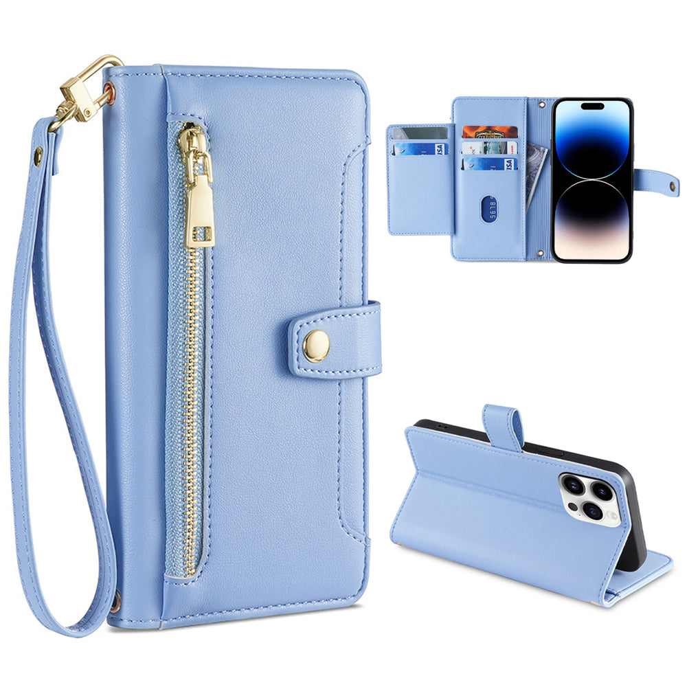 For iPhone 14 Pro Max Textured PU Leather Zipper Pocket Stand Phone Case Multiple Card Slots Wallet Flip Cover with Wrist Strap and Shoulder Strap