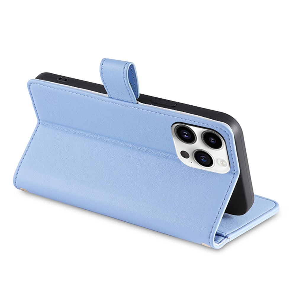 For iPhone 14 Pro Max Textured PU Leather Zipper Pocket Stand Phone Case Multiple Card Slots Wallet Flip Cover with Wrist Strap and Shoulder Strap