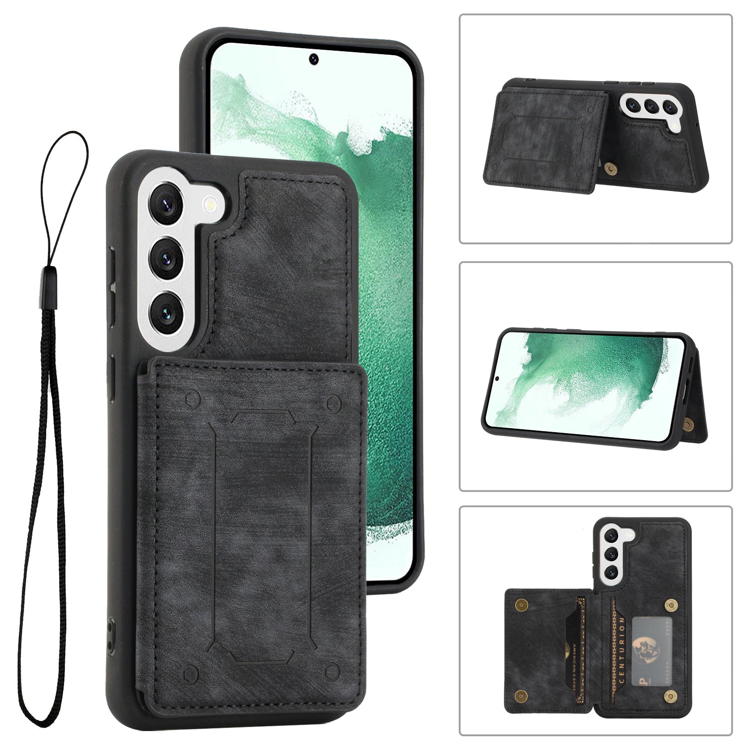 For Samsung Galaxy S22 5G Dual Card Holder Kickstand Phone Case PU Leather Coated TPU Magnetic Closure Cover with Wrist Strap