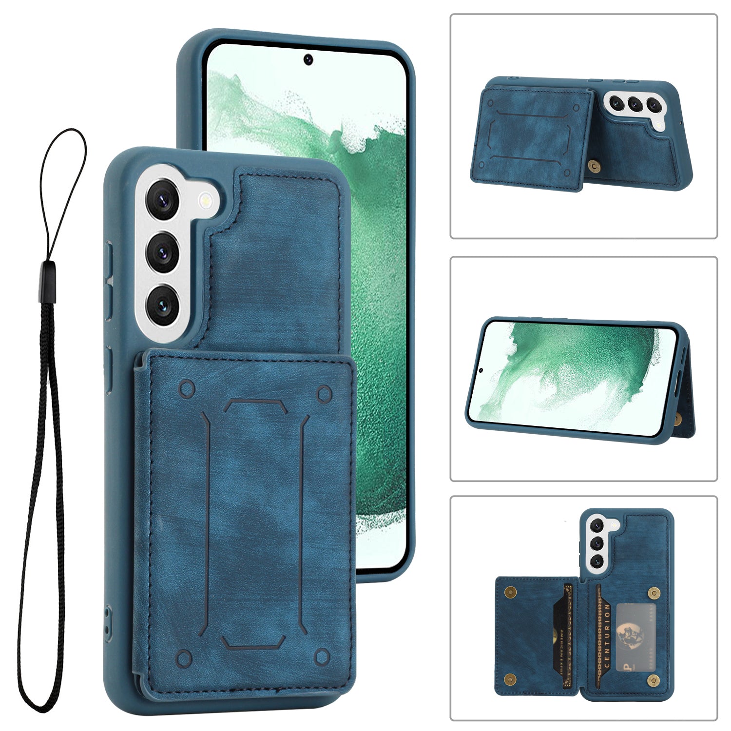 For Samsung Galaxy S22 5G Dual Card Holder Kickstand Phone Case PU Leather Coated TPU Magnetic Closure Cover with Wrist Strap