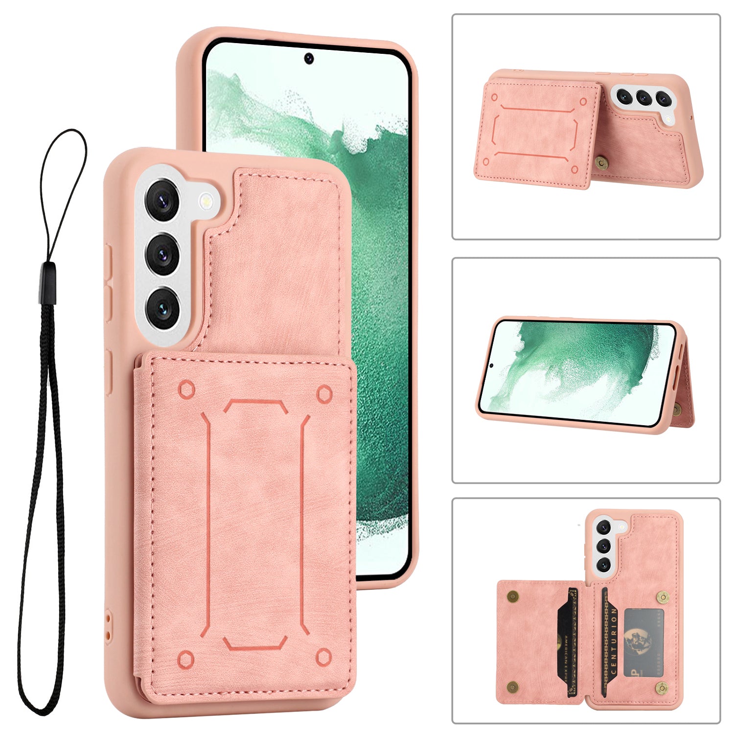 For Samsung Galaxy S22 5G Dual Card Holder Kickstand Phone Case PU Leather Coated TPU Magnetic Closure Cover with Wrist Strap