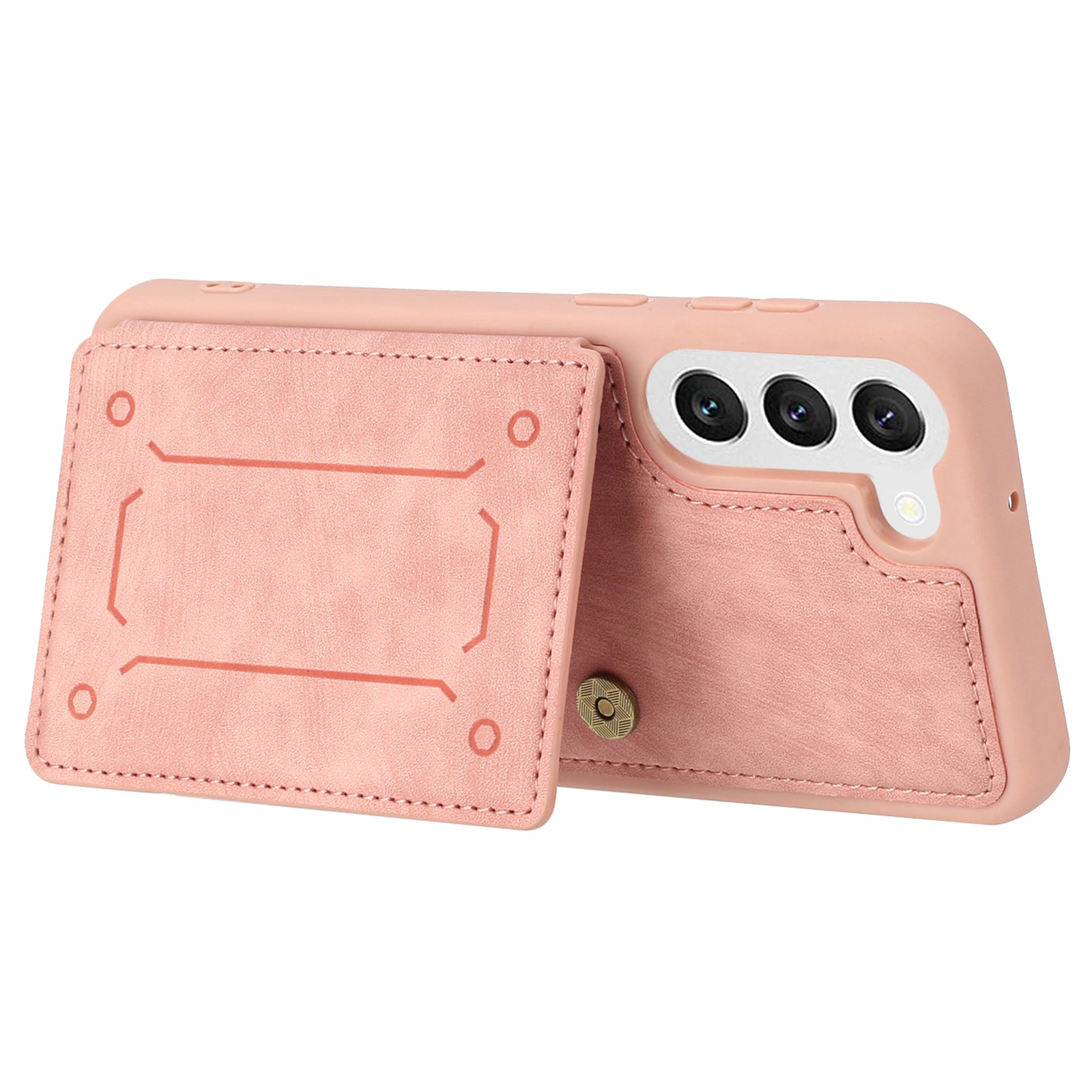 For Samsung Galaxy S22 5G Dual Card Holder Kickstand Phone Case PU Leather Coated TPU Magnetic Closure Cover with Wrist Strap