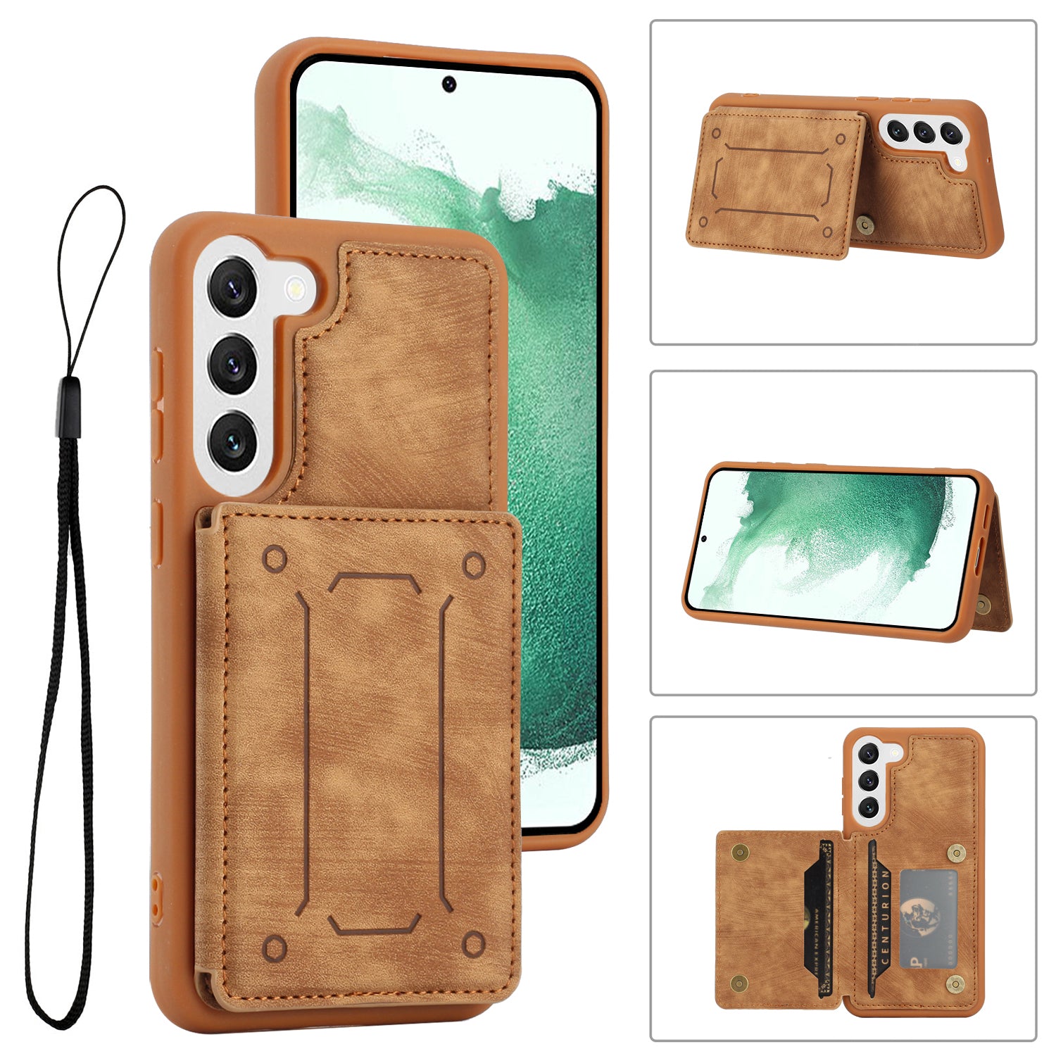 For Samsung Galaxy S22 5G Dual Card Holder Kickstand Phone Case PU Leather Coated TPU Magnetic Closure Cover with Wrist Strap