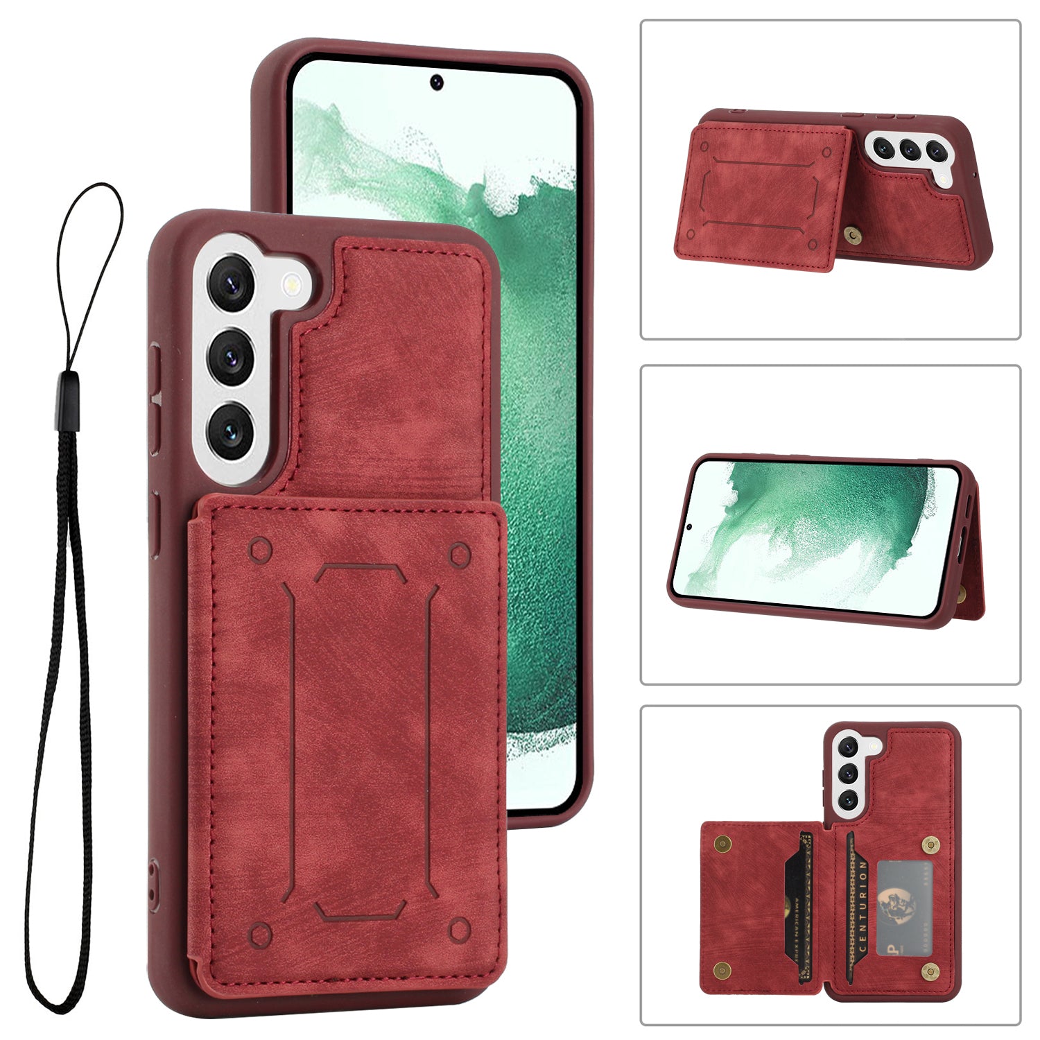 For Samsung Galaxy S22 5G Dual Card Holder Kickstand Phone Case PU Leather Coated TPU Magnetic Closure Cover with Wrist Strap