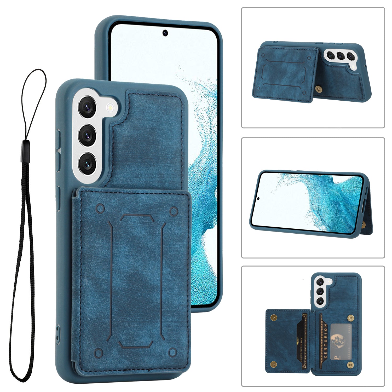 For Samsung Galaxy S22 5G PU Leather Coated TPU Dual Card Holder Phone Case Kickstand Magnetic Closure Protective Cover with Wrist Strap