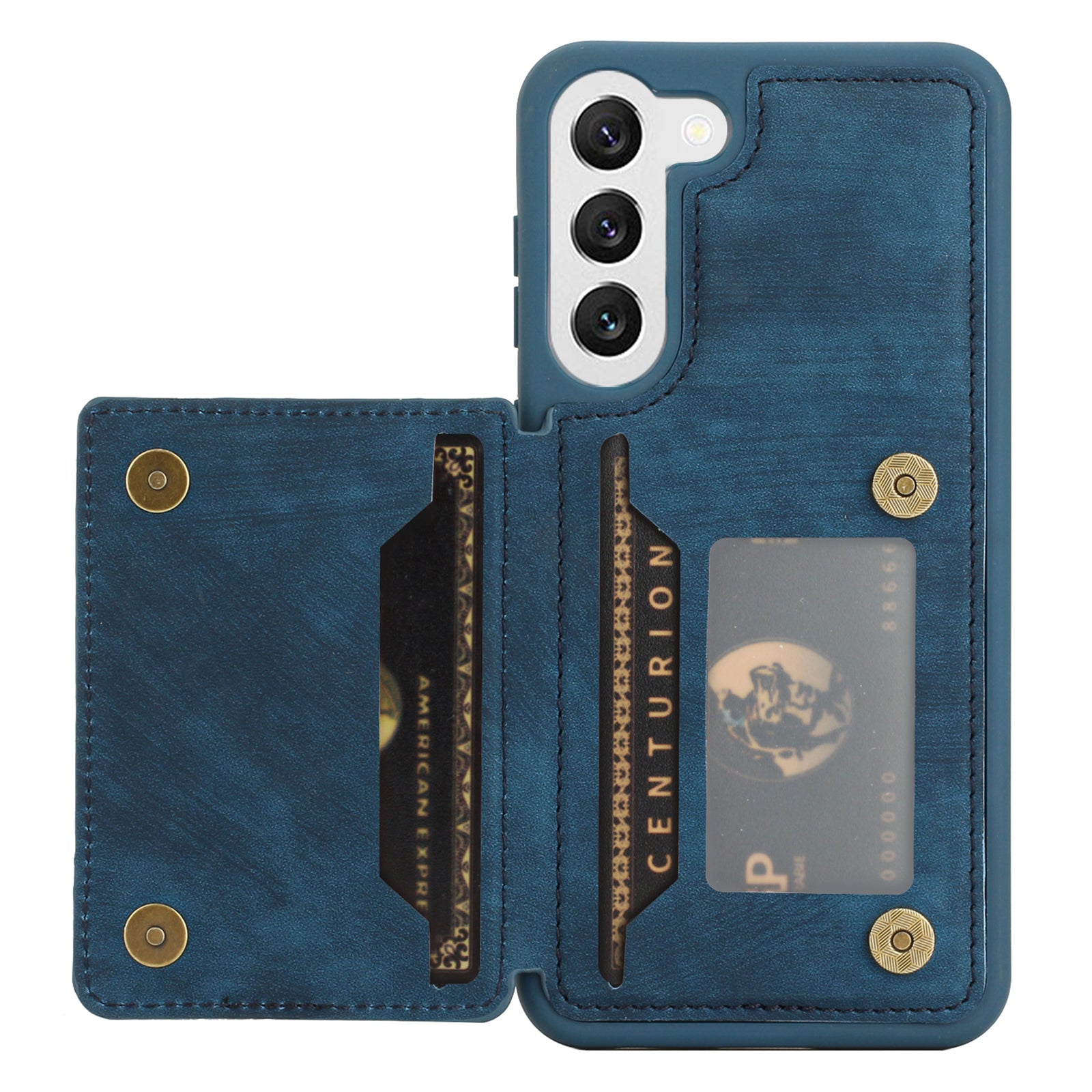 For Samsung Galaxy S22 5G PU Leather Coated TPU Dual Card Holder Phone Case Kickstand Magnetic Closure Protective Cover with Wrist Strap