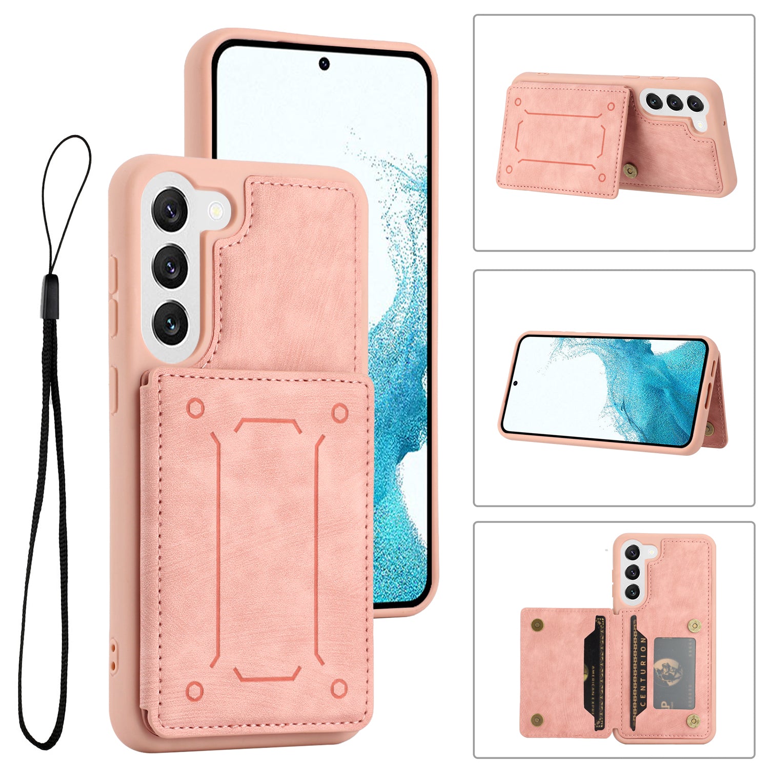 For Samsung Galaxy S22 5G PU Leather Coated TPU Dual Card Holder Phone Case Kickstand Magnetic Closure Protective Cover with Wrist Strap