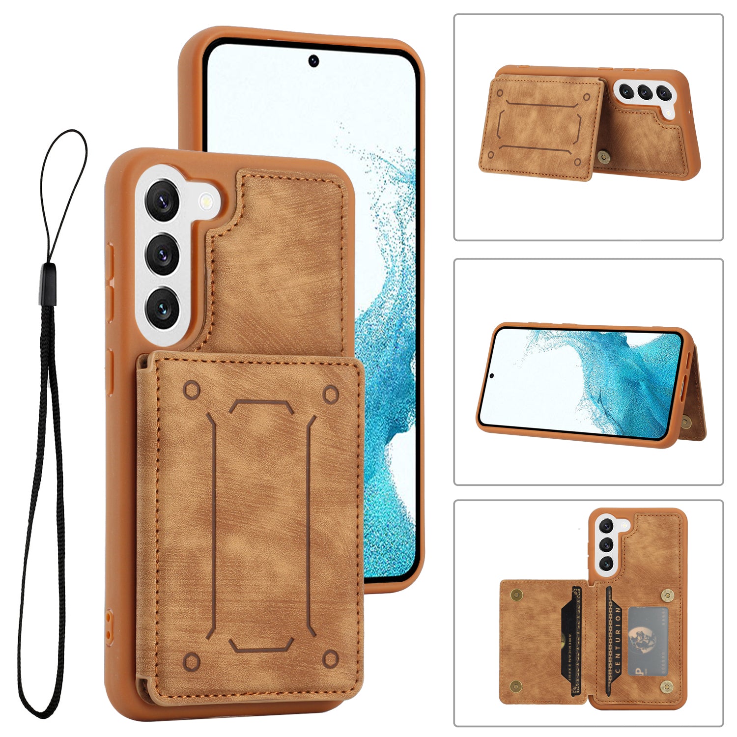 For Samsung Galaxy S22 5G PU Leather Coated TPU Dual Card Holder Phone Case Kickstand Magnetic Closure Protective Cover with Wrist Strap