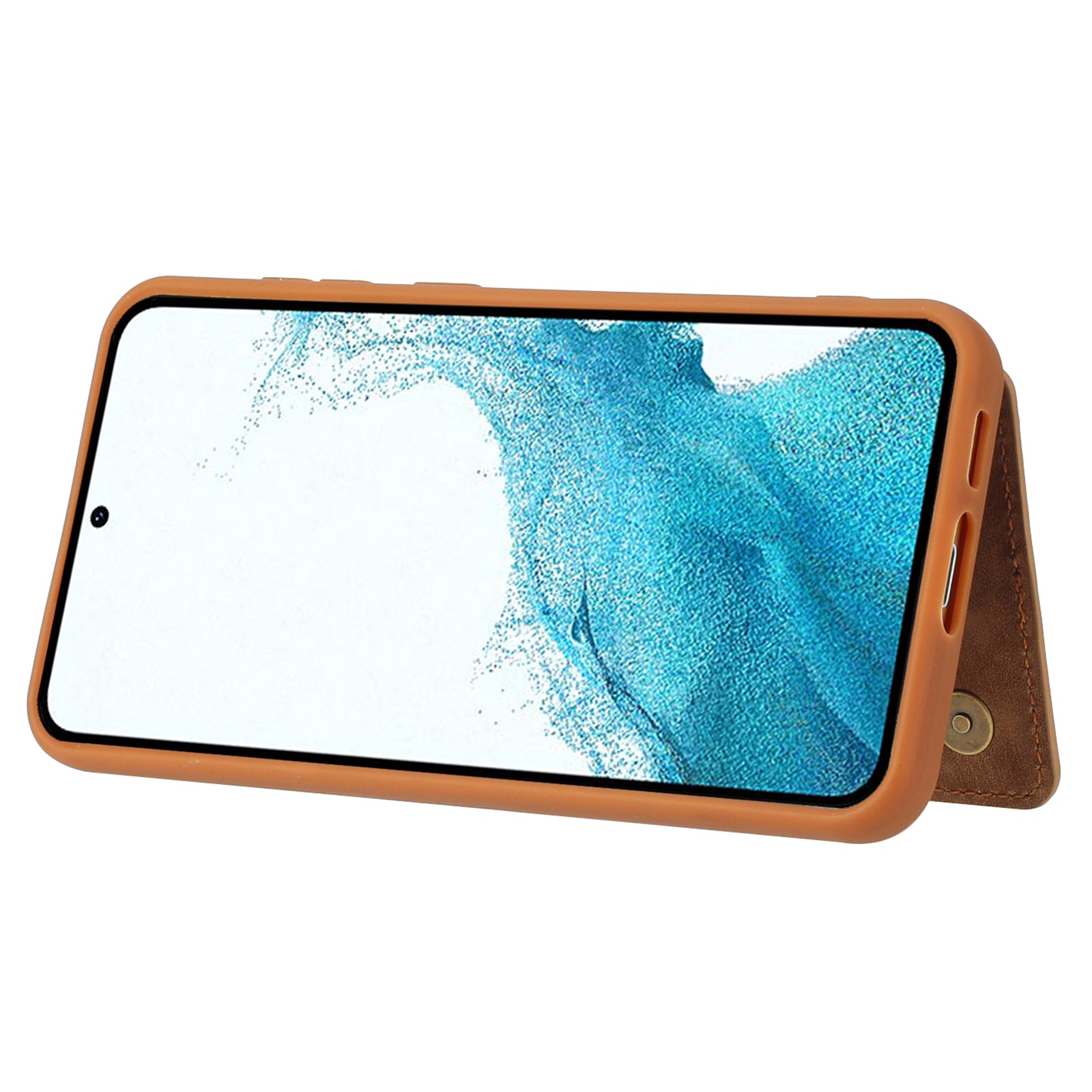 For Samsung Galaxy S22 5G PU Leather Coated TPU Dual Card Holder Phone Case Kickstand Magnetic Closure Protective Cover with Wrist Strap