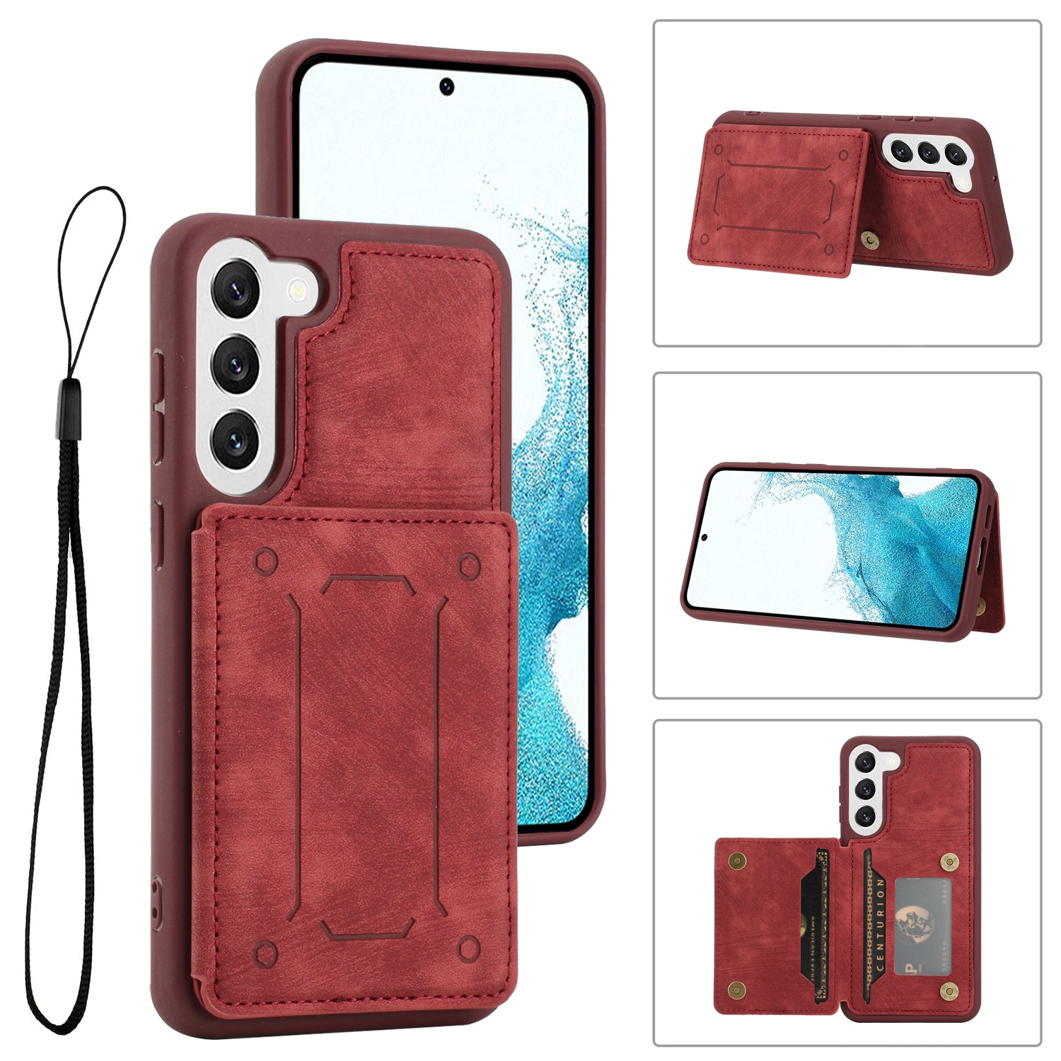 For Samsung Galaxy S22 5G PU Leather Coated TPU Dual Card Holder Phone Case Kickstand Magnetic Closure Protective Cover with Wrist Strap