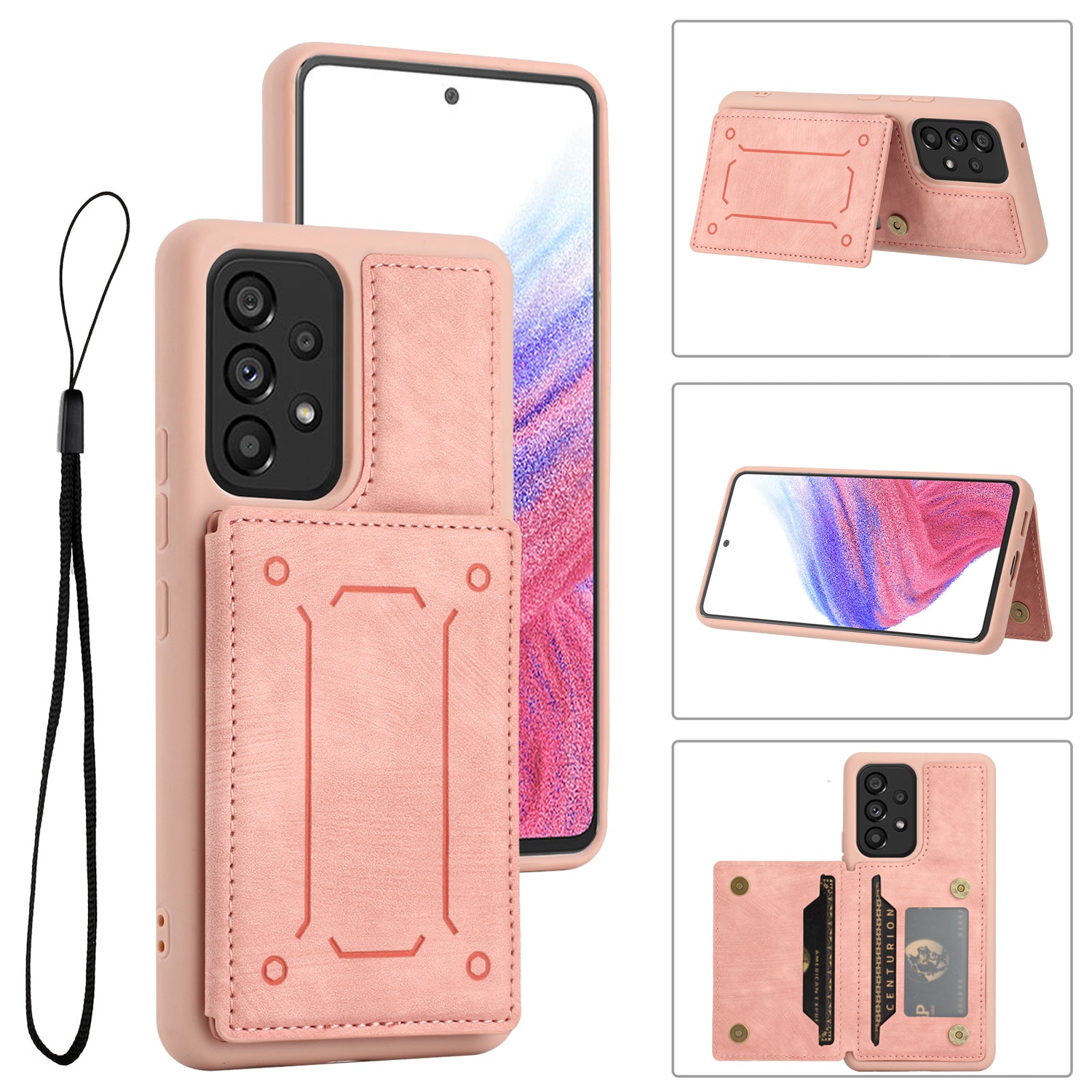 For Samsung Galaxy A53 5G PU Leather Coated TPU Back Case Kickstand Magnetic Clasp Shockproof Cover with Dual Card Holder and Strap
