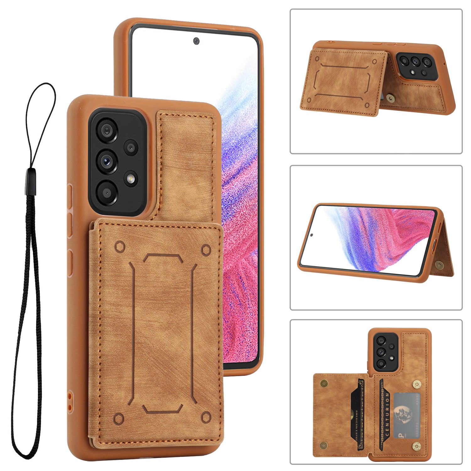 For Samsung Galaxy A53 5G PU Leather Coated TPU Back Case Kickstand Magnetic Clasp Shockproof Cover with Dual Card Holder and Strap