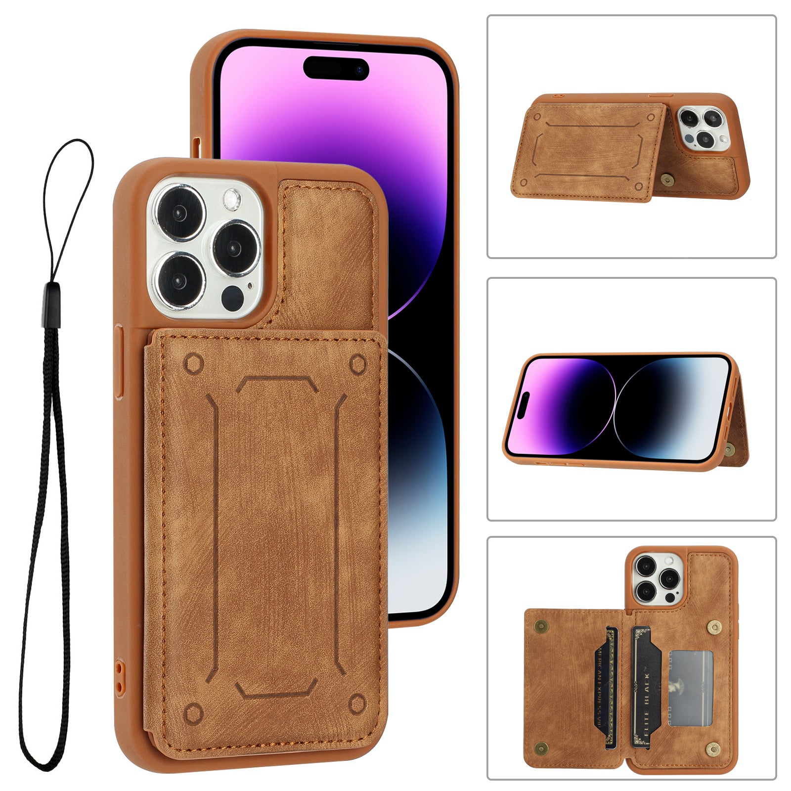 For iPhone 14 Pro Max Shockproof PU Leather Coated TPU Phone Case Dual Card Holder Kickstand Magnetic Cover