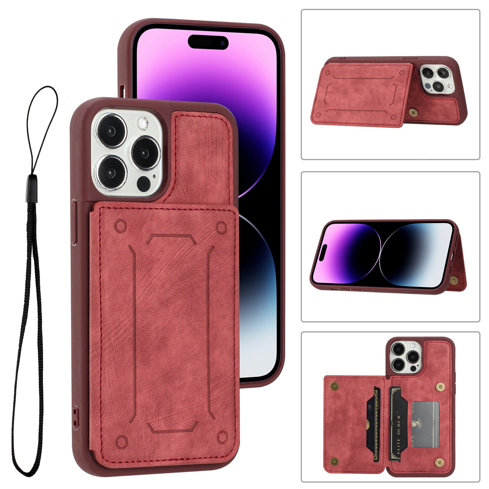 For iPhone 14 Pro Max Shockproof PU Leather Coated TPU Phone Case Dual Card Holder Kickstand Magnetic Cover