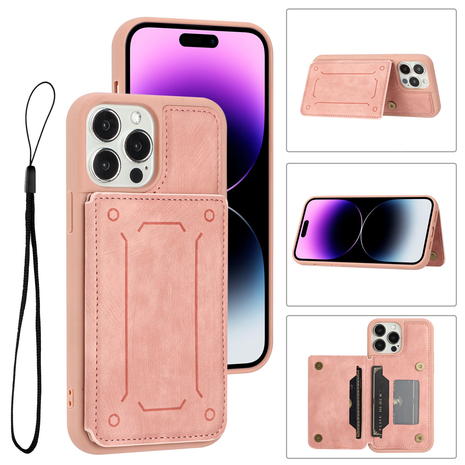For iPhone 14 Pro Bump Proof PU Leather Coated TPU Phone Case Dual Card Holder Kickstand Magnetic Cover