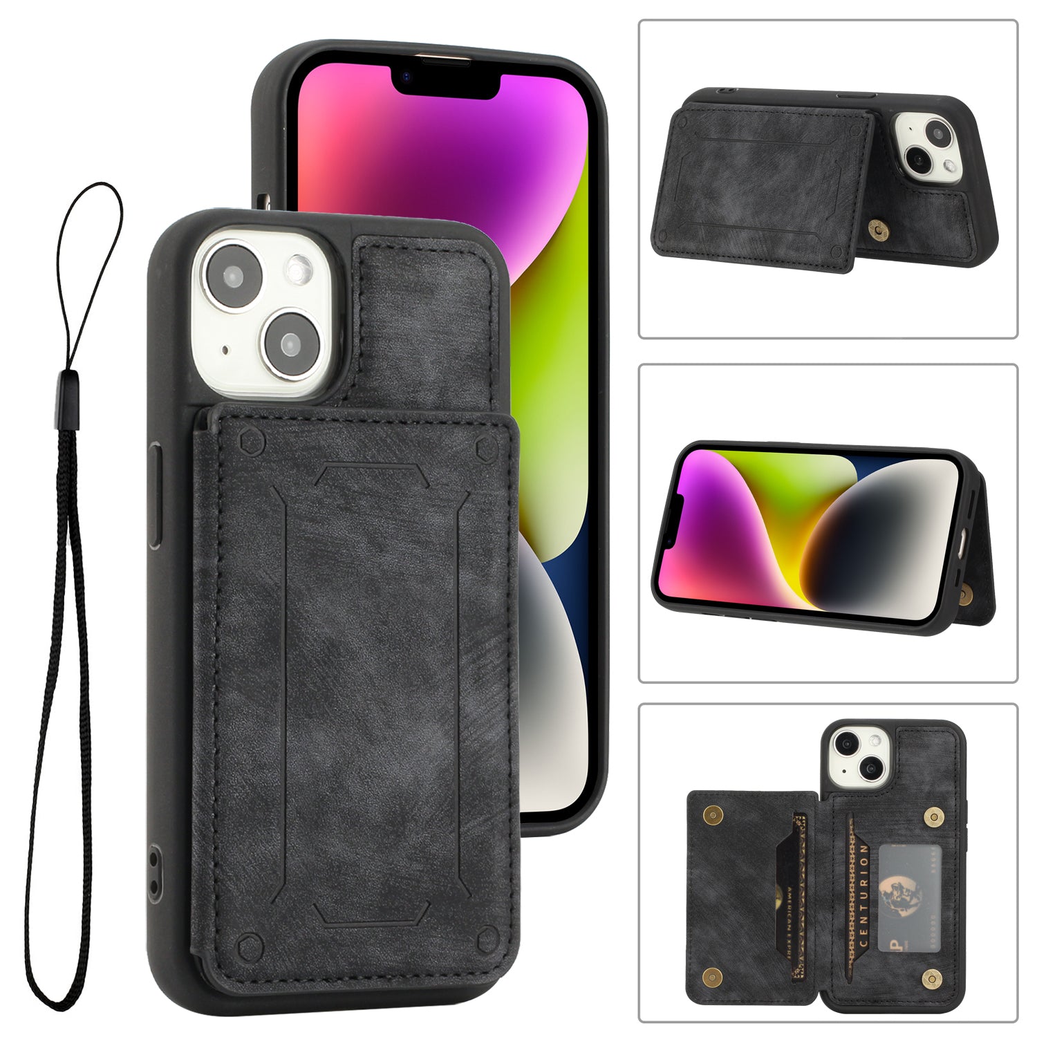 Back Shell for iPhone 14 Plus Fall Protection PU Leather Coated TPU Phone Case Dual Card Holder Kickstand Magnetic Cover