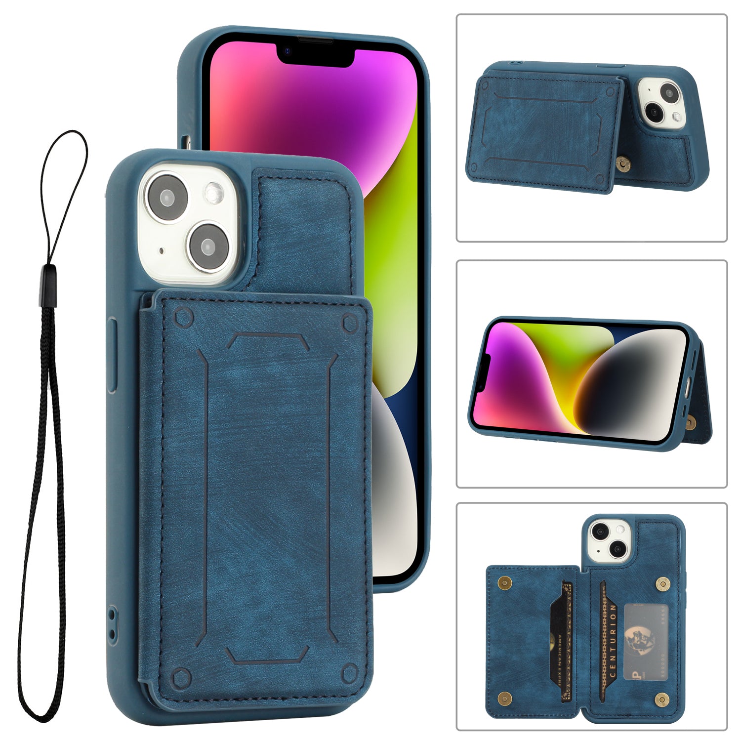 Back Shell for iPhone 14 Plus Fall Protection PU Leather Coated TPU Phone Case Dual Card Holder Kickstand Magnetic Cover