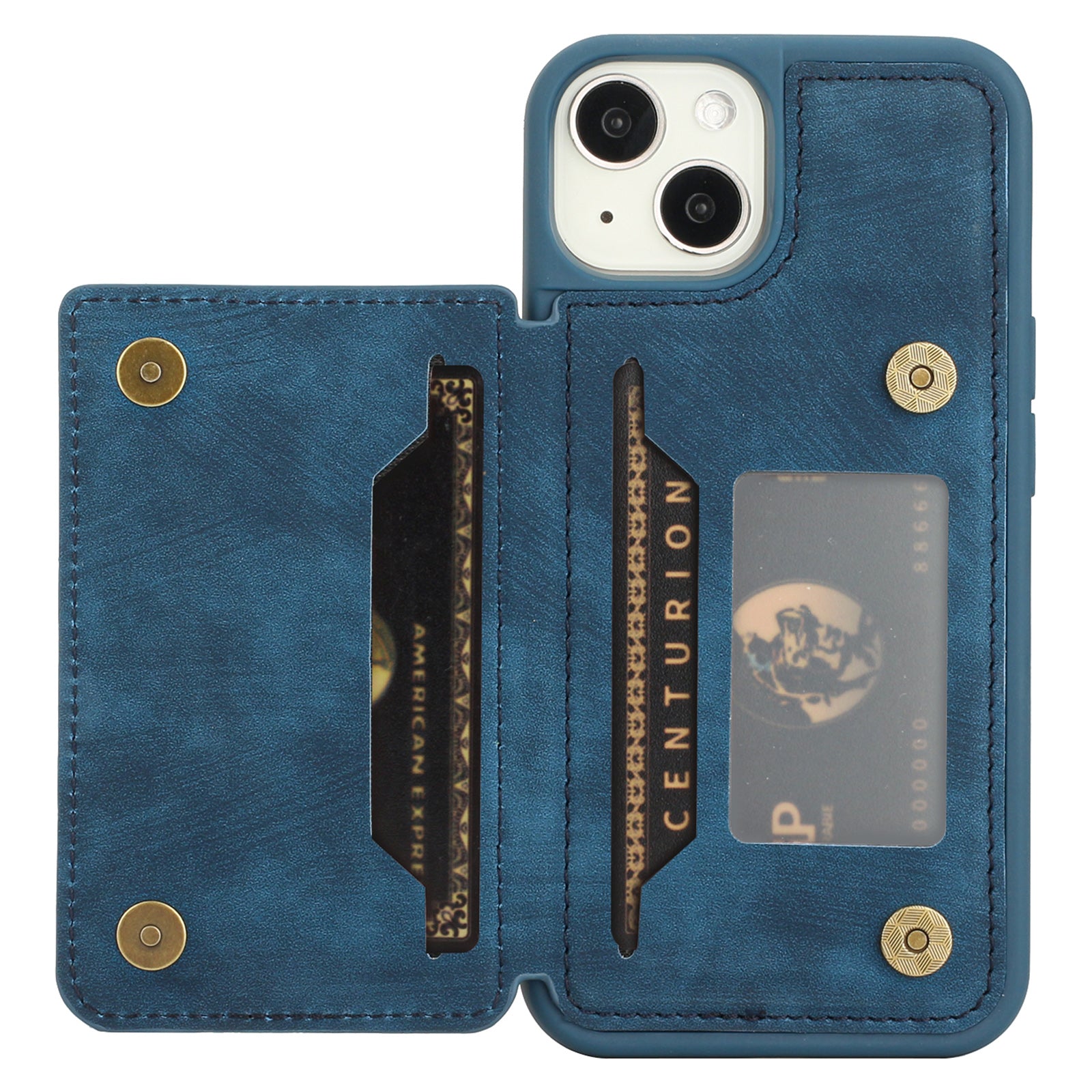 Back Shell for iPhone 14 Plus Fall Protection PU Leather Coated TPU Phone Case Dual Card Holder Kickstand Magnetic Cover