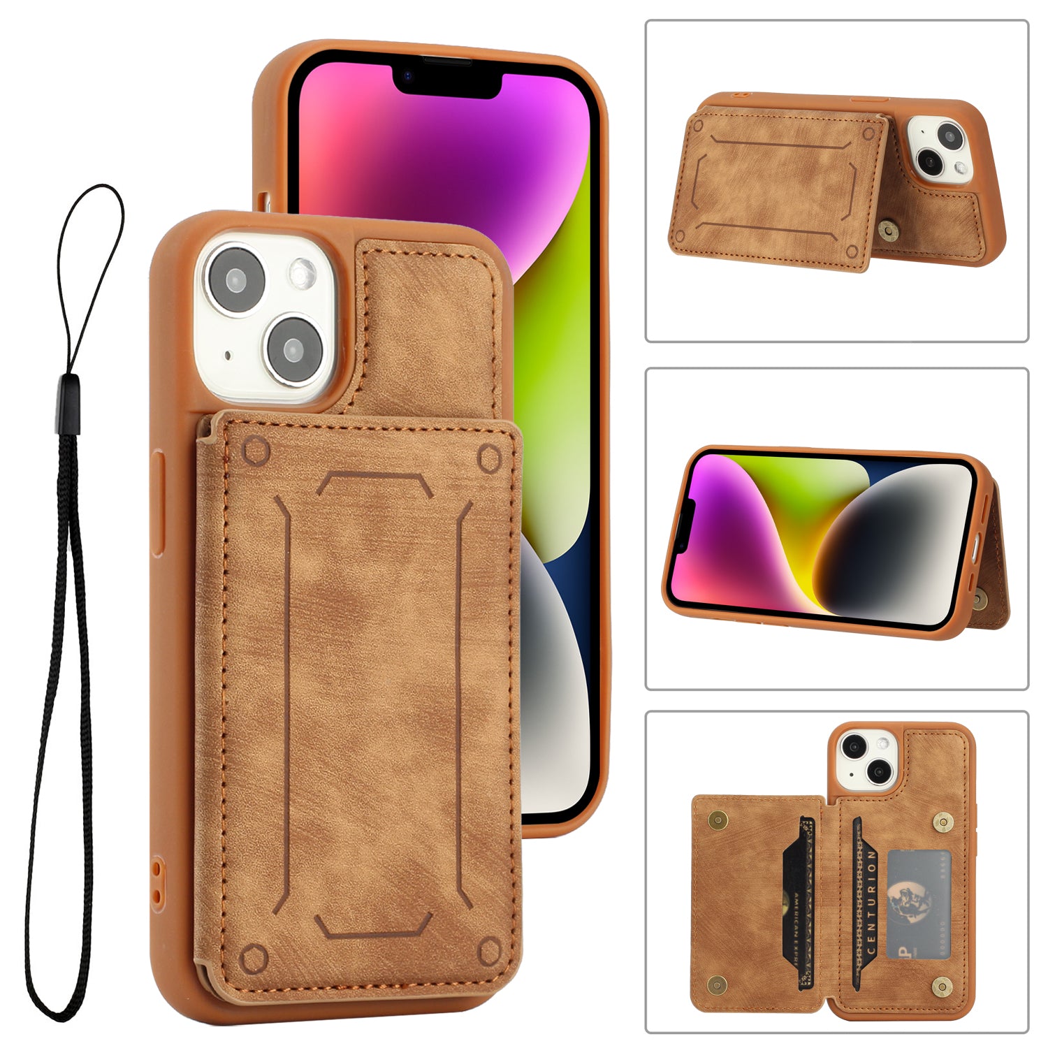 Back Shell for iPhone 14 Plus Fall Protection PU Leather Coated TPU Phone Case Dual Card Holder Kickstand Magnetic Cover