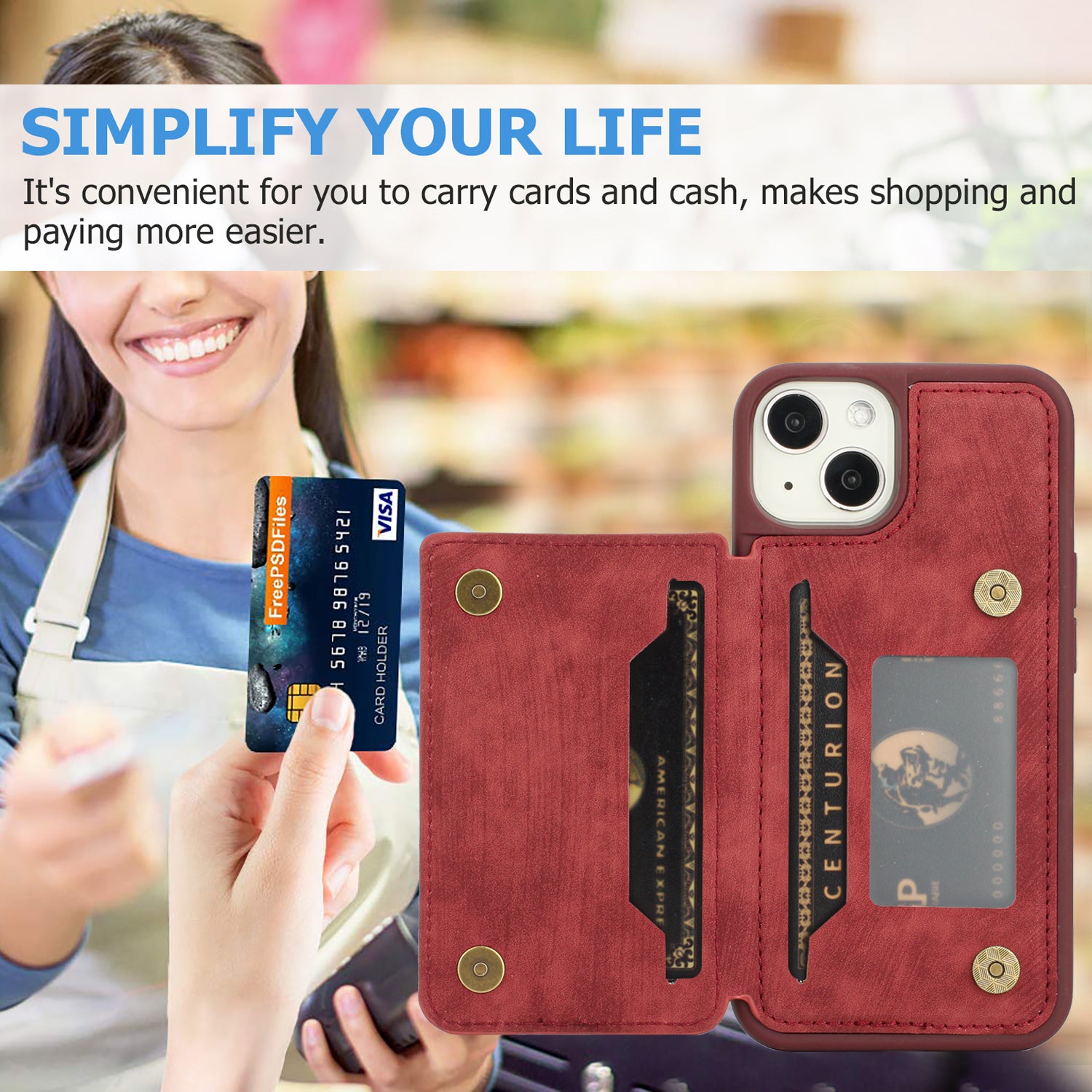 Back Shell for iPhone 14 Plus Fall Protection PU Leather Coated TPU Phone Case Dual Card Holder Kickstand Magnetic Cover