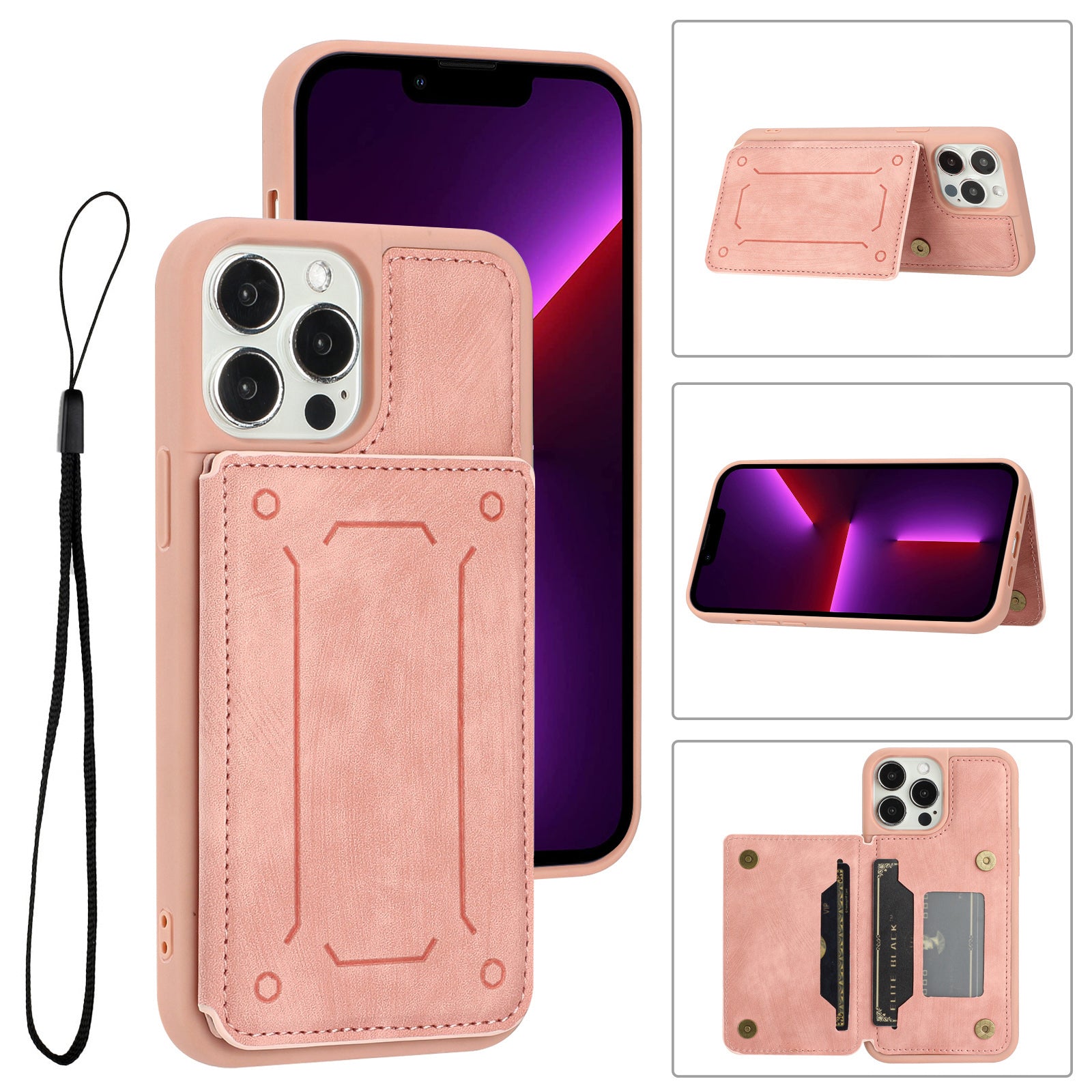 Back Shell for iPhone 13 Pro Max 6.7 inch Shock-absorbing PU Leather Coated TPU Phone Case Dual Card Holder Kickstand Magnetic Cover
