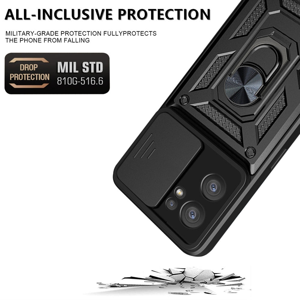 Pro Oppo Reno7 5G (Global) TPU PC pouzdro odolné proti nárazům Ring Stojánek Slide Ochrana fotoaparátu Zadní kryt proti poškrábání