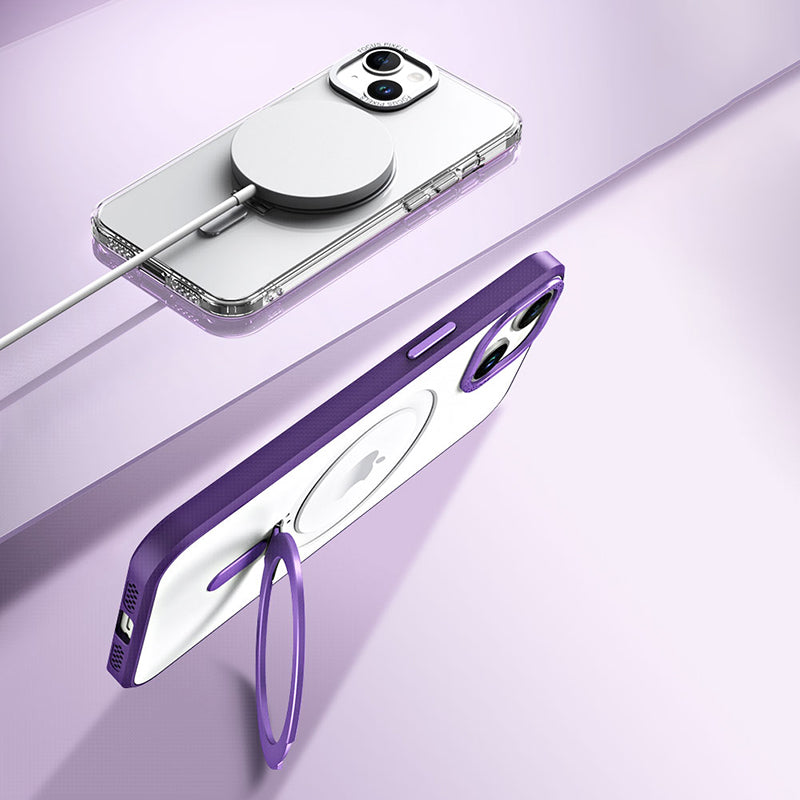 Bump Proof Back Shell for iPhone 14 Compatible with MagSafe Skin-touch Phone Case Electroplating Camera Frame Design PC TPU Kickstand Cover