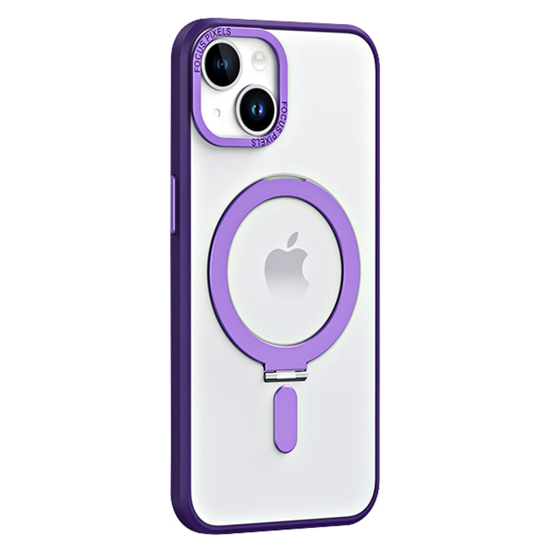 Back Shell for iPhone 14 Plus Compatible with MagSafe Skin-touch Phone Case Electroplating Camera Frame Design PC TPU Kickstand Cover