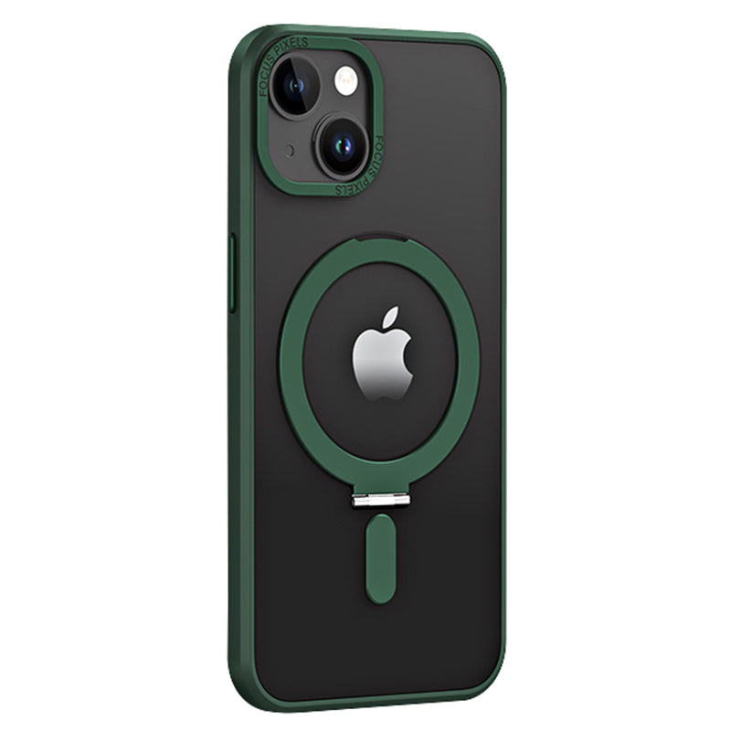 For iPhone 13 6.1 inch Compatible with MagSafe Shockproof Skin-touch Phone Case Electroplating Camera Frame Design PC TPU Kickstand Cover