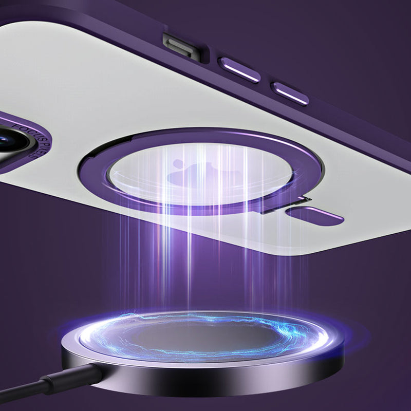 For iPhone 13 6.1 inch Compatible with MagSafe Shockproof Skin-touch Phone Case Electroplating Camera Frame Design PC TPU Kickstand Cover