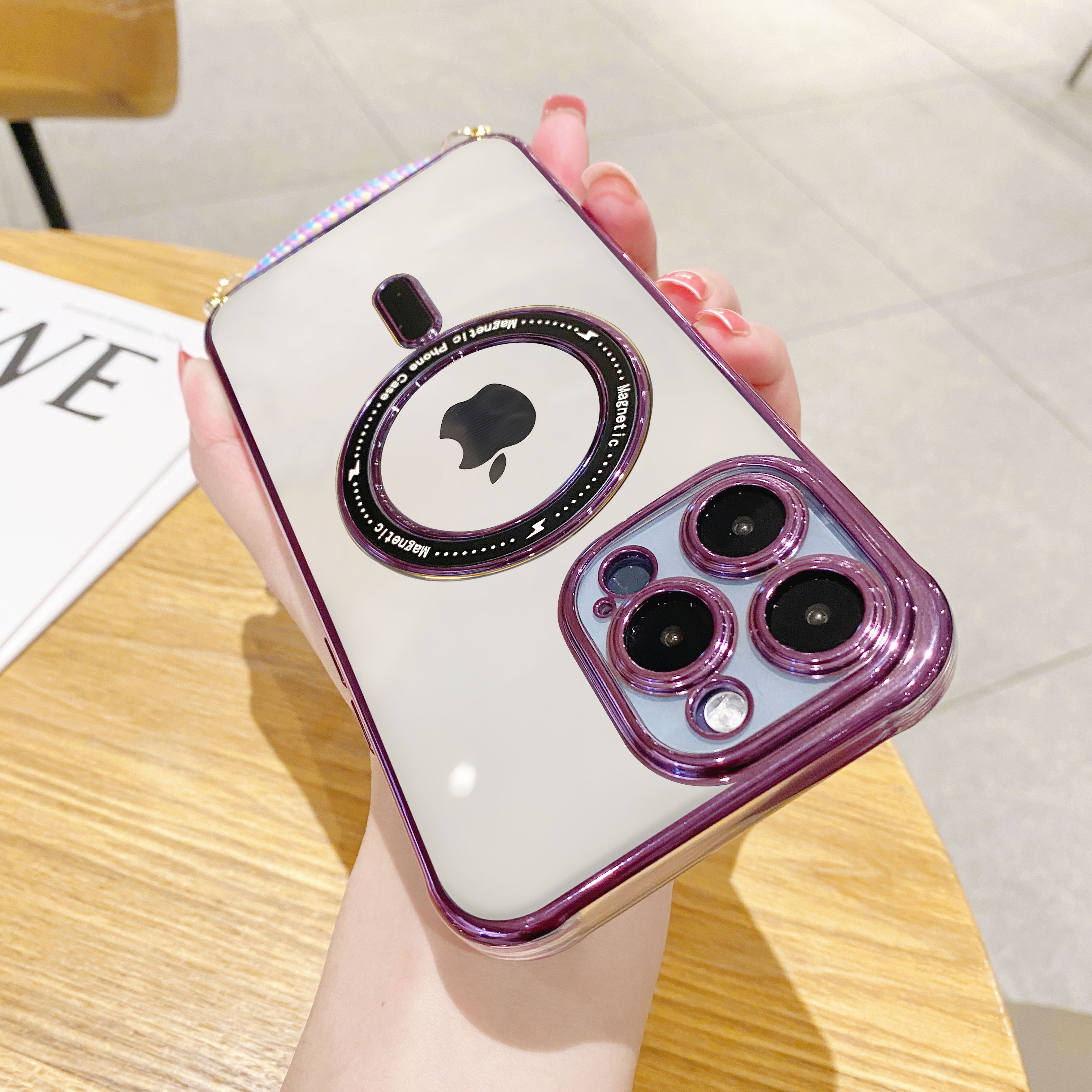 Magnetic Phone Case for iPhone 13 Pro Max 6.7 inch Compatible with MagSafe Soft TPU Electroplate Edge Camera Lens Protection Cover with Long Lanyard