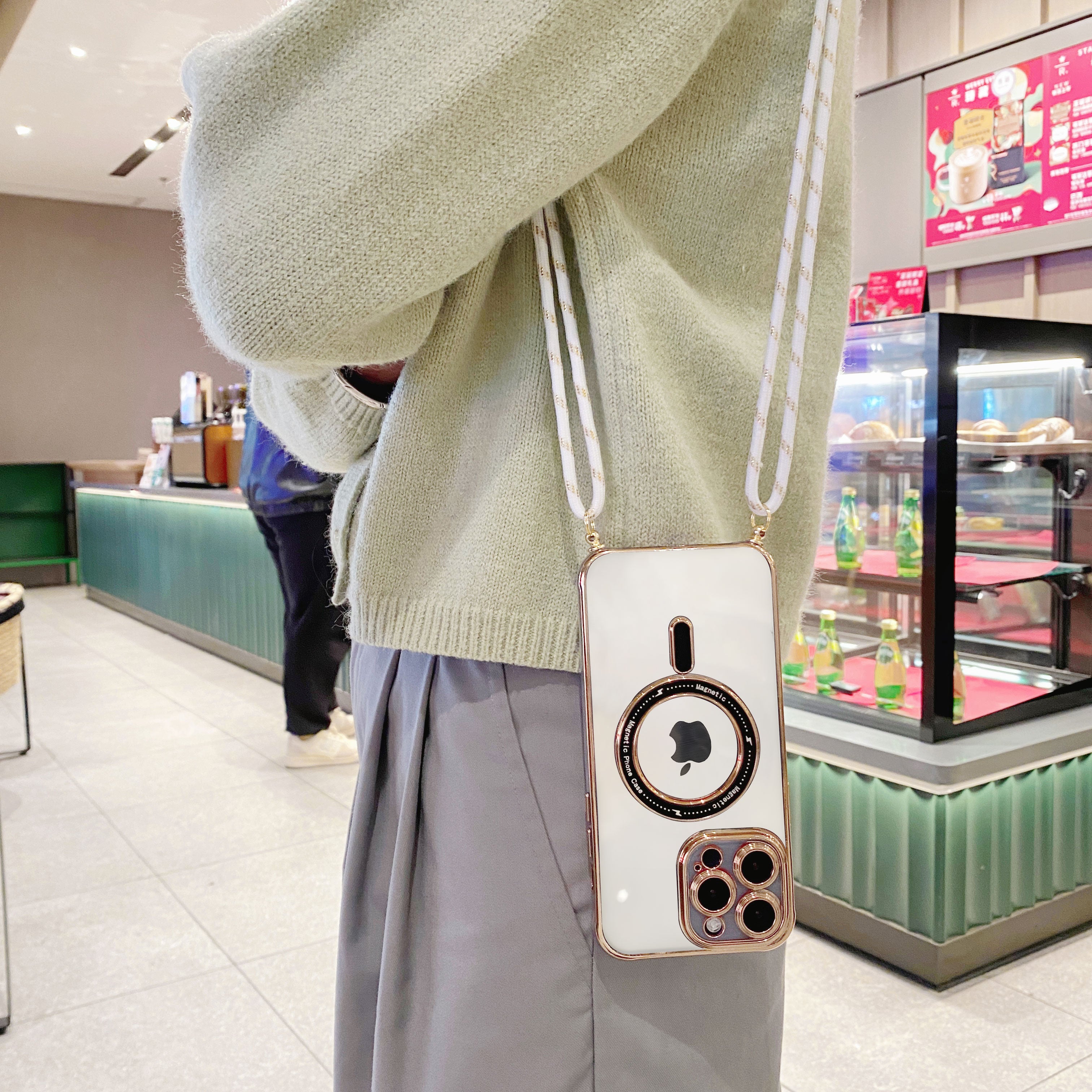 Magnetic Phone Case for iPhone 13 Pro Max 6.7 inch Compatible with MagSafe Soft TPU Electroplate Edge Camera Lens Protection Cover with Long Lanyard