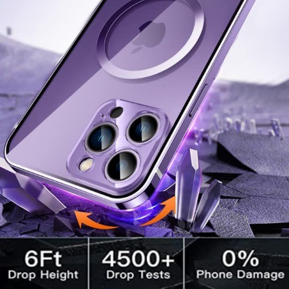 For iPhone 14 Pro Max Anti-drop Magnetic Phone Case Compatible with Magsafe Metal Frame Phone Shell with Tempered Glass Camera Lens Cover