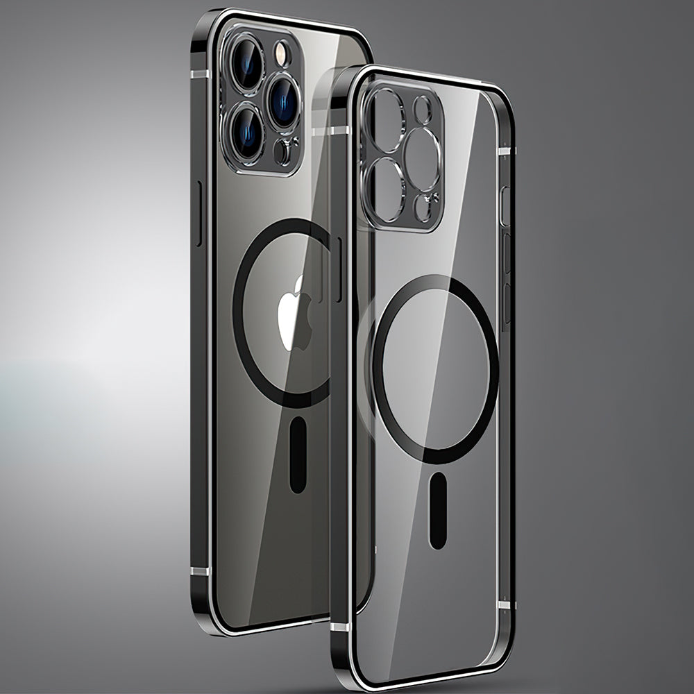 For iPhone 14 Pro Max Anti-drop Magnetic Phone Case Compatible with Magsafe Metal Frame Phone Shell with Tempered Glass Camera Lens Cover