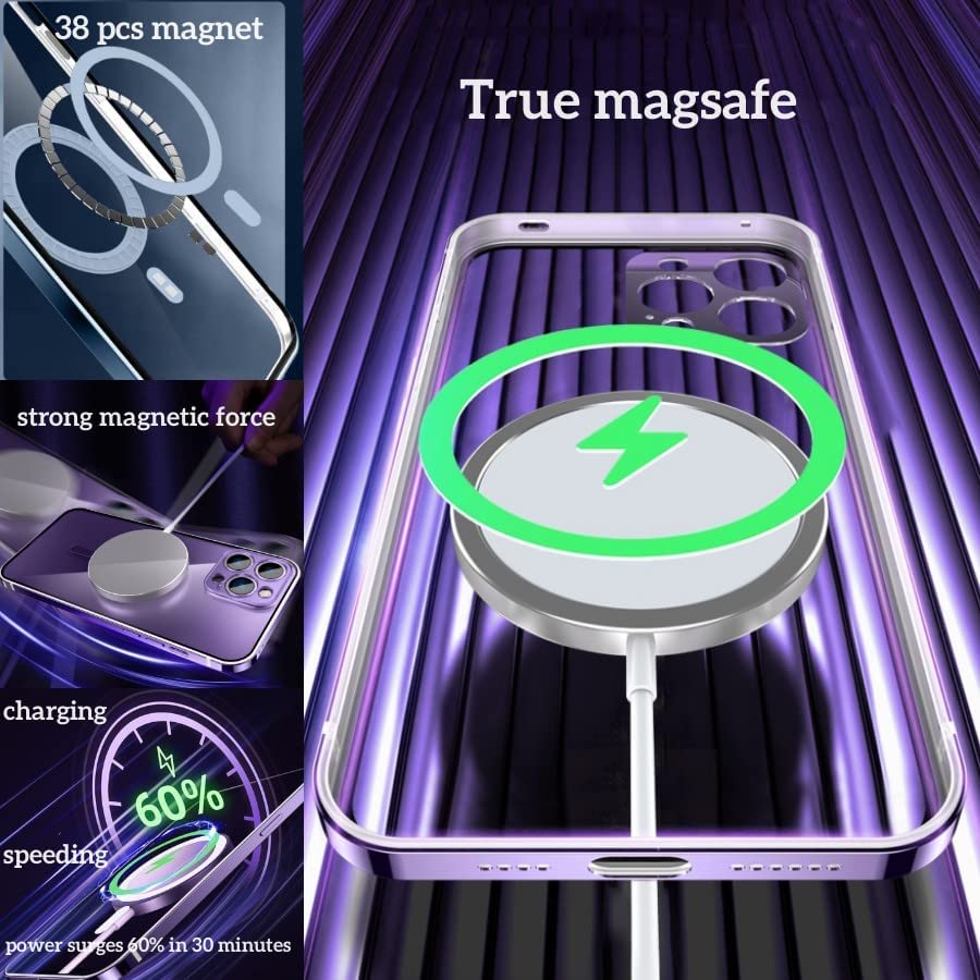 For iPhone 14 Pro Max Anti-drop Magnetic Phone Case Compatible with Magsafe Metal Frame Phone Shell with Tempered Glass Camera Lens Cover