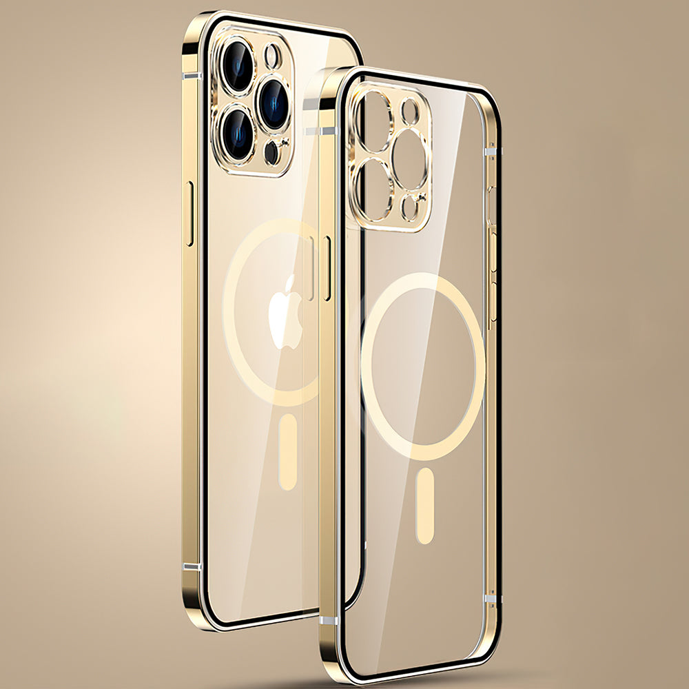 For iPhone 14 Pro Max Anti-drop Magnetic Phone Case Compatible with Magsafe Metal Frame Phone Shell with Tempered Glass Camera Lens Cover